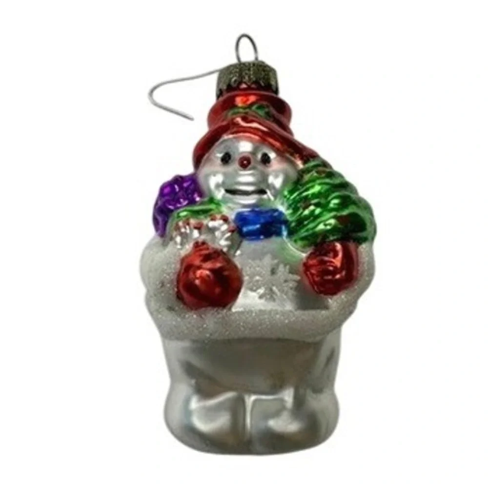 Glass Snowman Christmas Ornament Red‎ Hat Tree Snowflake Sparkle Gifts Retro